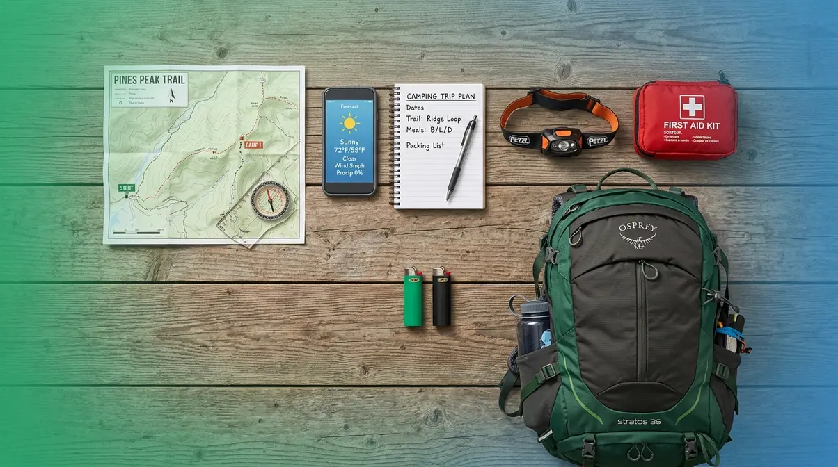 Camping pre-trip preparation flat-lay showing map, first aid kit, and trip plan checklist