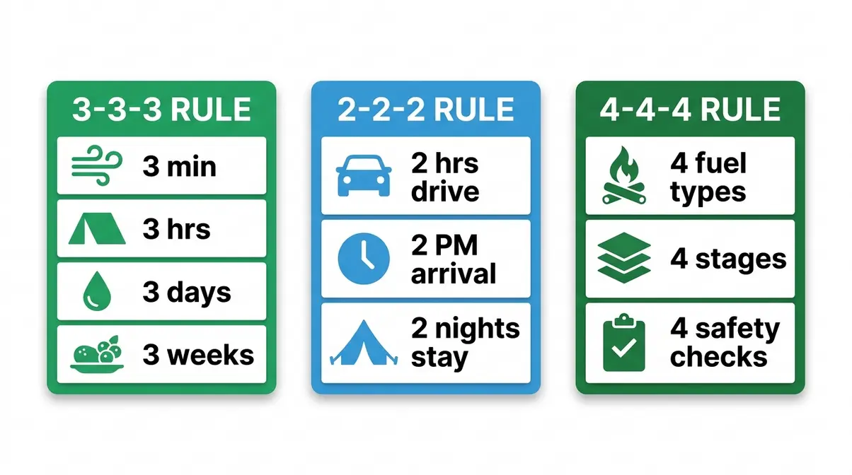 Camping survival rules reference card showing the 3-3-3, 2-2-2, and 4-4-4 rules for beginners
