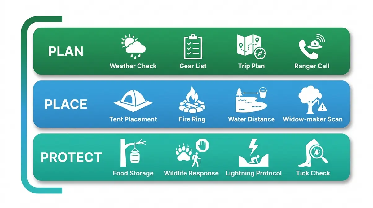Campsite Safety Stack diagram showing Plan, Place, and Protect layers for beginner camping safety