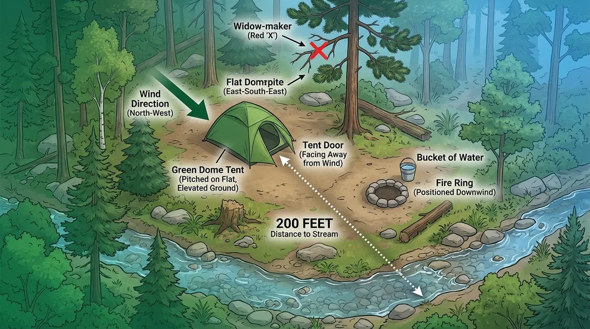 Safe campsite selection diagram showing tent placement away from water and widow-maker trees