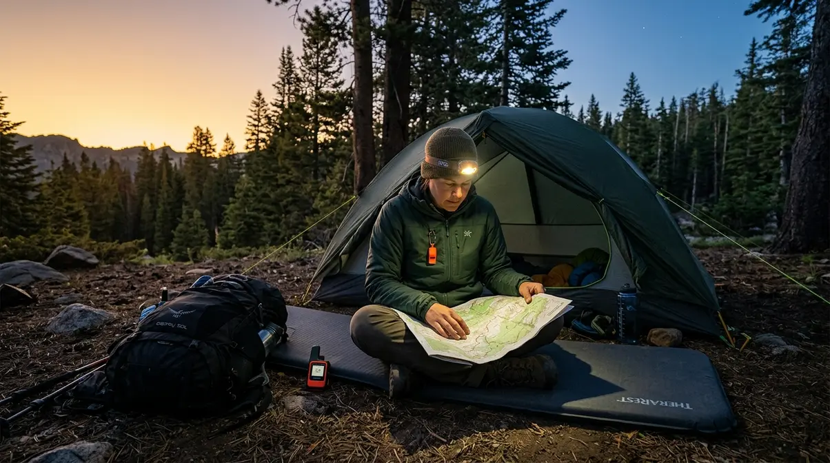 Solo camper reviewing map by headlamp at dusk with whistle and satellite communicator visible