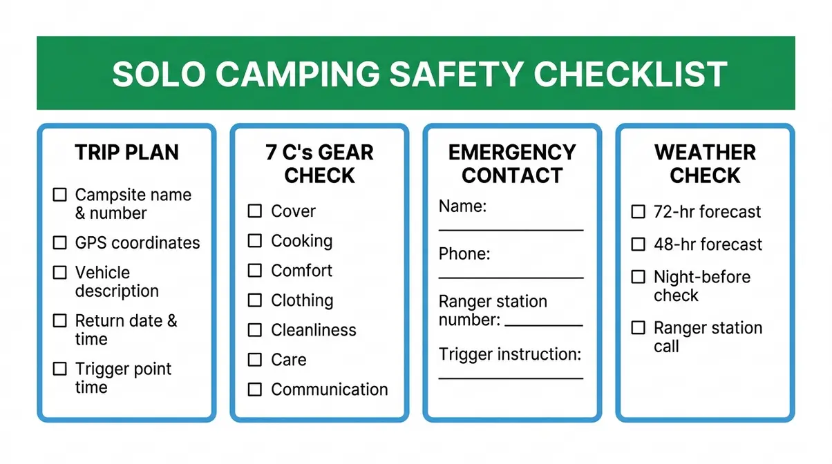 Printable solo camping safety checklist card with trip plan, gear check, and emergency contact sections