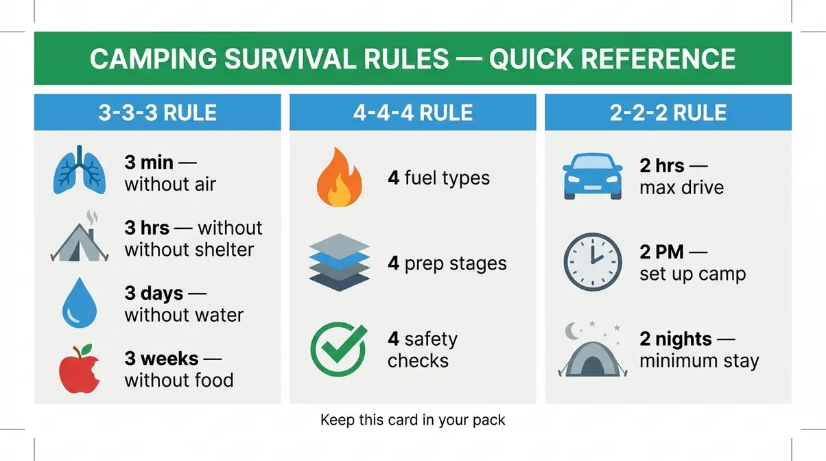 Camping survival rules pocket card showing 3-3-3, 4-4-4, and 2-2-2 rules side by side for beginners