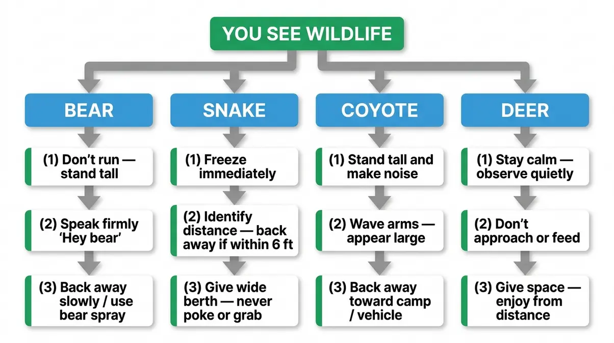 Wildlife encounter response flowchart for campers showing bear, snake, coyote, and deer protocols