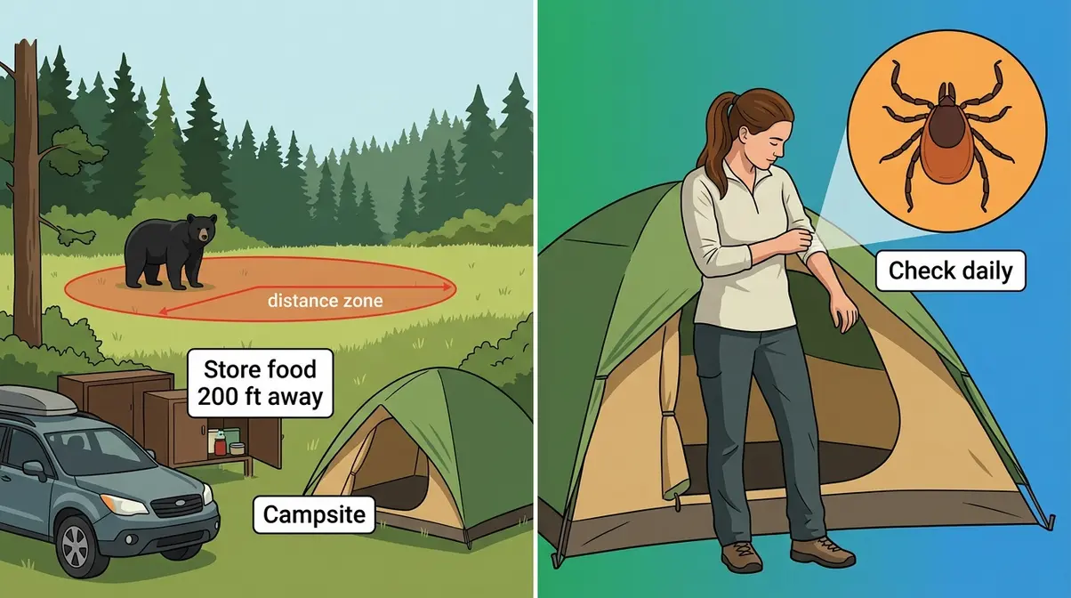 Wildlife and environmental hazard awareness illustration showing bear distance and tick check for campers