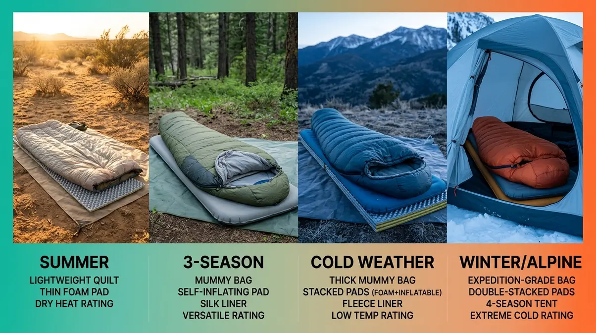 Camping sleep system setups for four seasons showing summer, three-season, cold weather, and winter configurations
