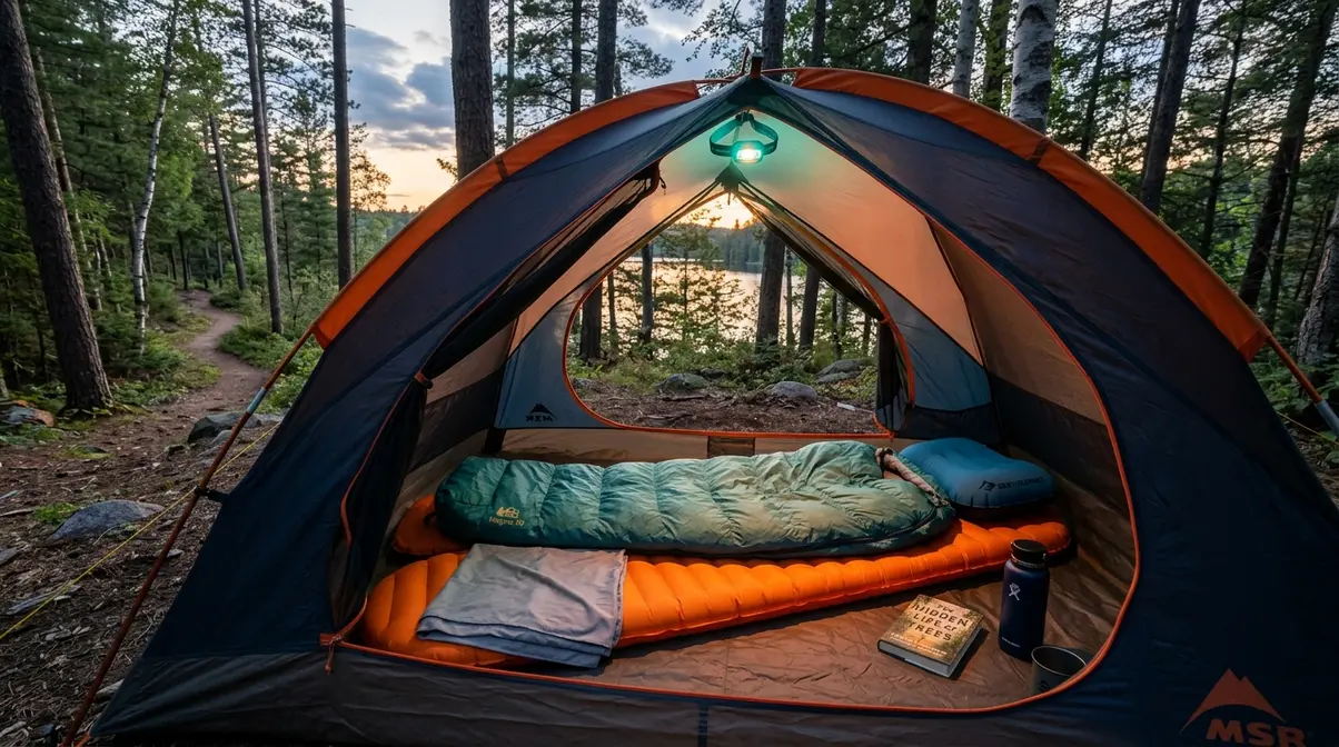 Camping sleep system inside open tent showing sleeping bag, pad, and liner setup at dusk