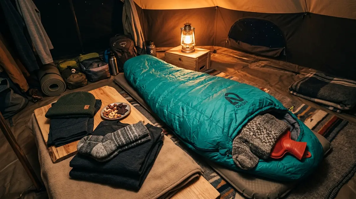 Camping warmth tips showing hot water bottle, merino base layer, wool socks, and pre-bed snacks inside tent