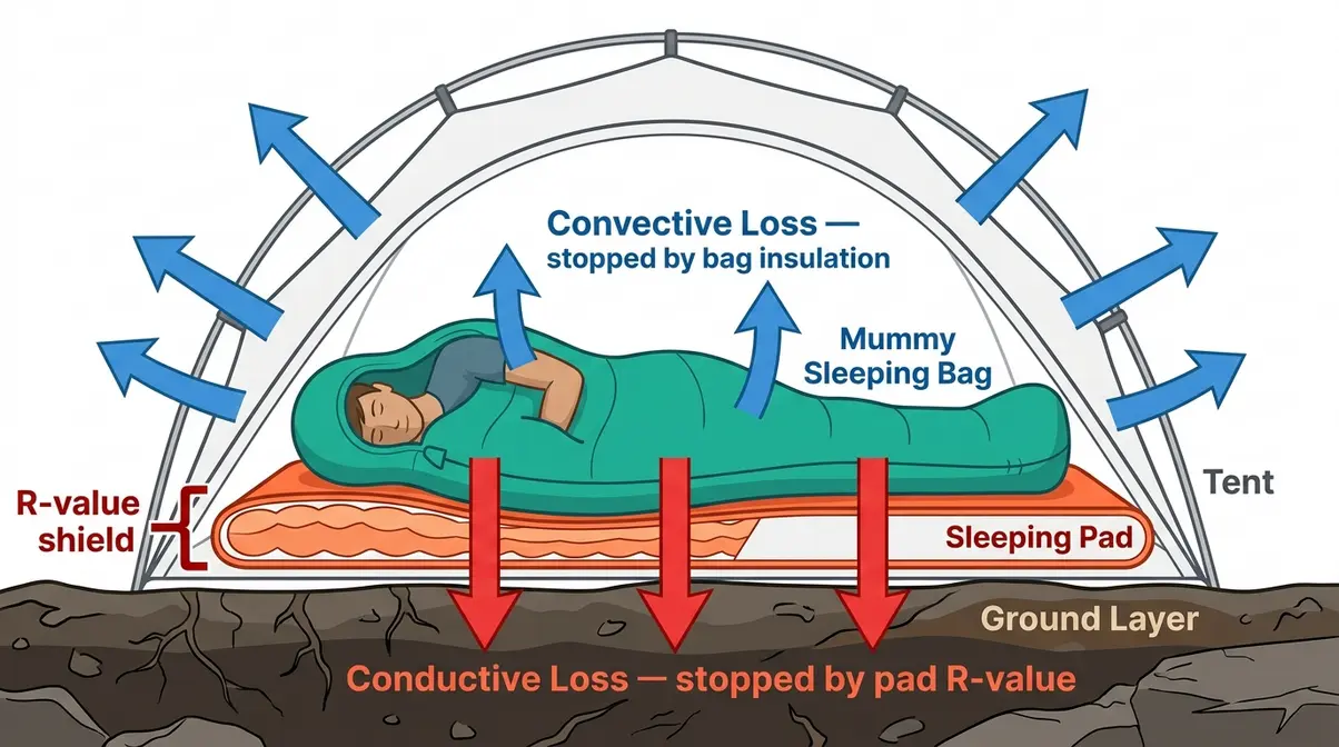 Diagram showing conductive and convective heat loss in camping sleep system with pad and bag