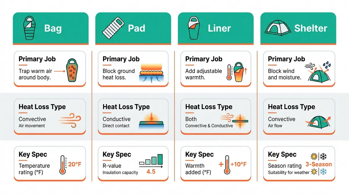 Camping sleep system four components roles chart showing bag, pad, liner, and shelter jobs