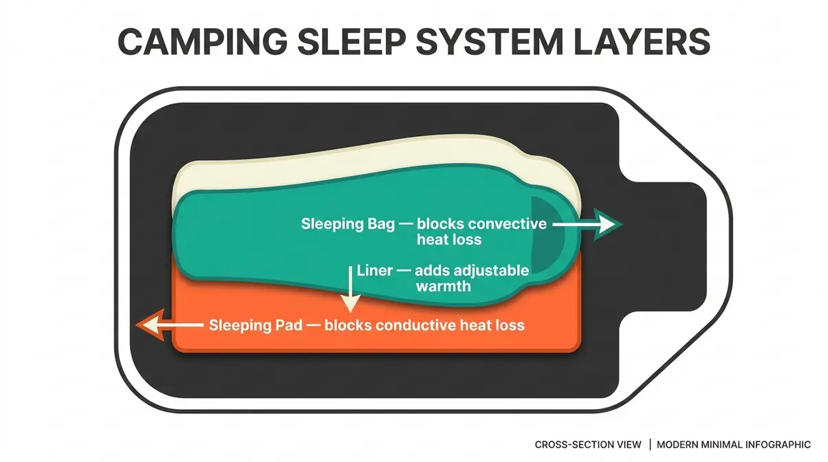 Camping sleep system components diagram showing pad, bag, and liner layers inside tent