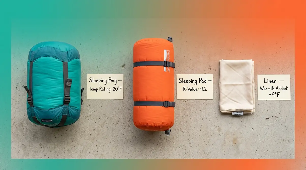 Sleeping bag, pad, and liner laid out side by side for camping sleep system selection guide