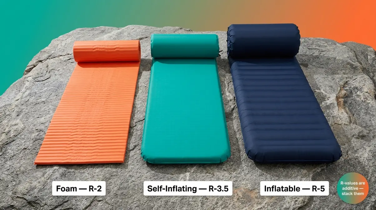 Three sleeping pad types compared by R-value showing foam, self-inflating, and inflatable options