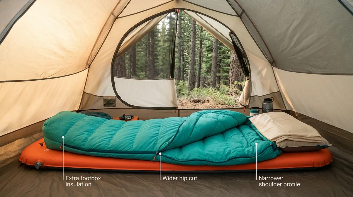 Women's camping sleep system showing wider hip cut, extra footbox insulation, and silk liner