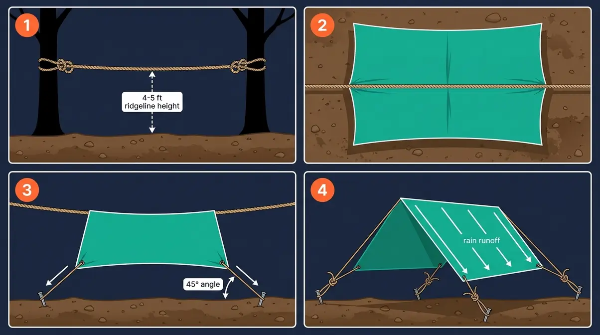 A-Frame camping tarp configuration step-by-step setup diagram with ridgeline and stake placement
