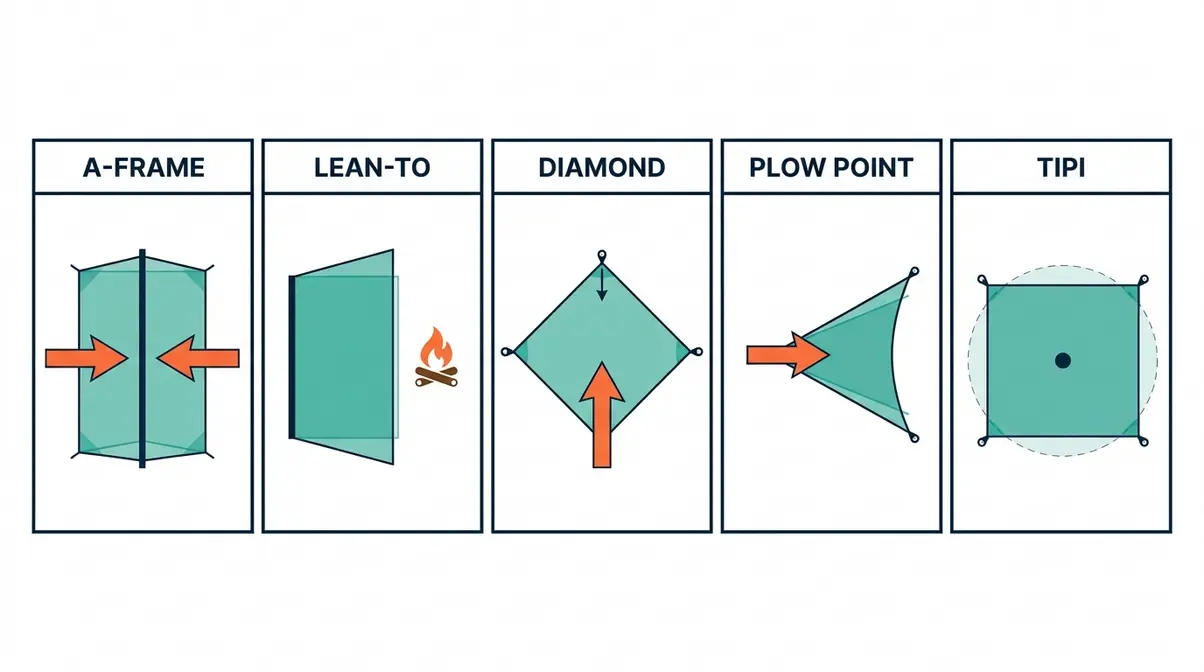 Five beginner camping tarp configurations shown as top-down footprint diagrams with wind direction arrows