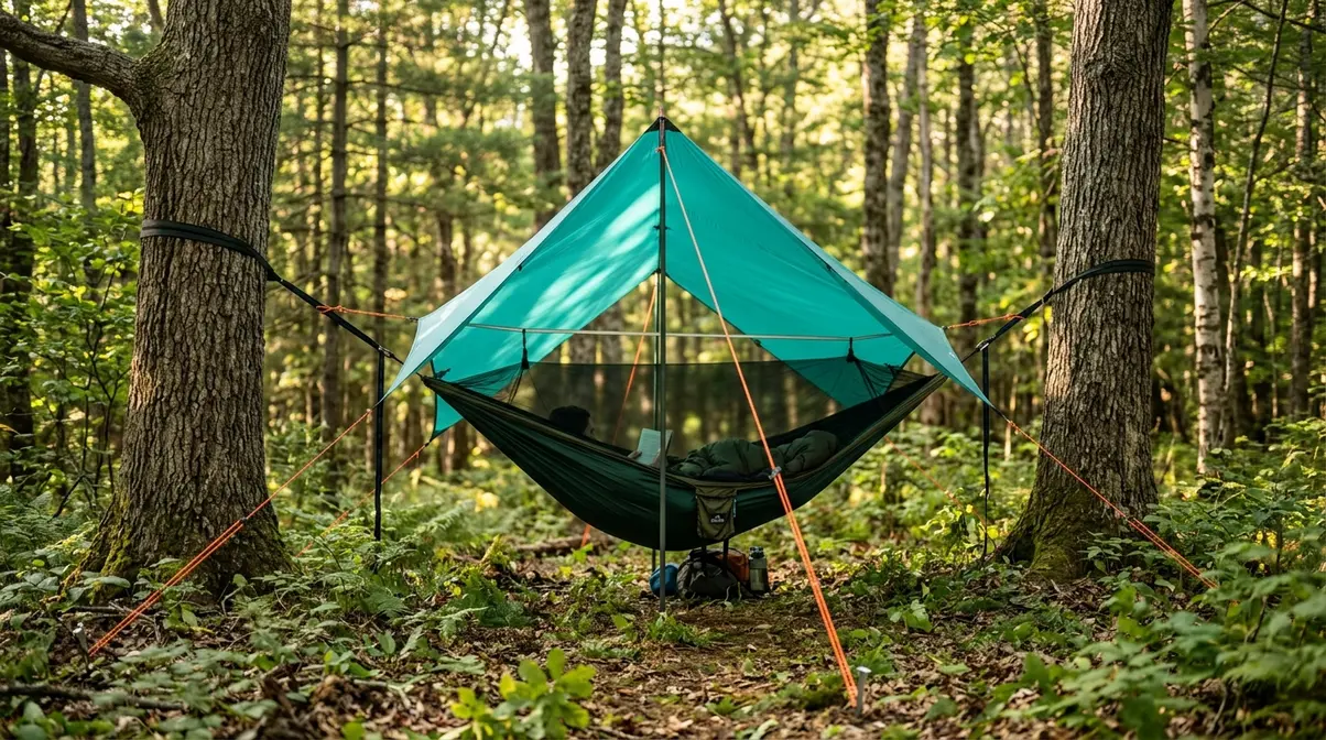 Hammock camping tarp A-Frame setup showing upper ridgeline clearance above hammock suspension between trees