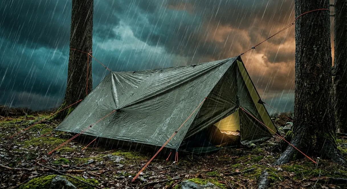 Storm-proof low-profile camping tarp shelter pitched in heavy rain with doubled guy-lines and sealed edges