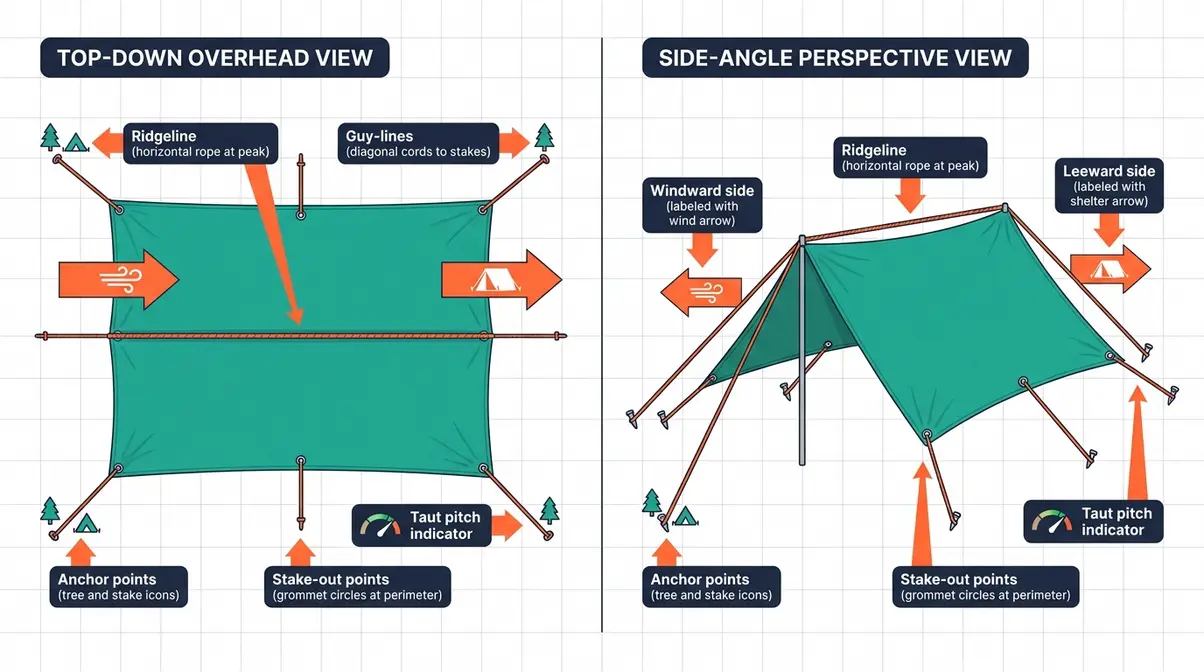 Tarp anatomy diagram showing ridgeline, guy-lines, and stake-out points for camping tarp configurations