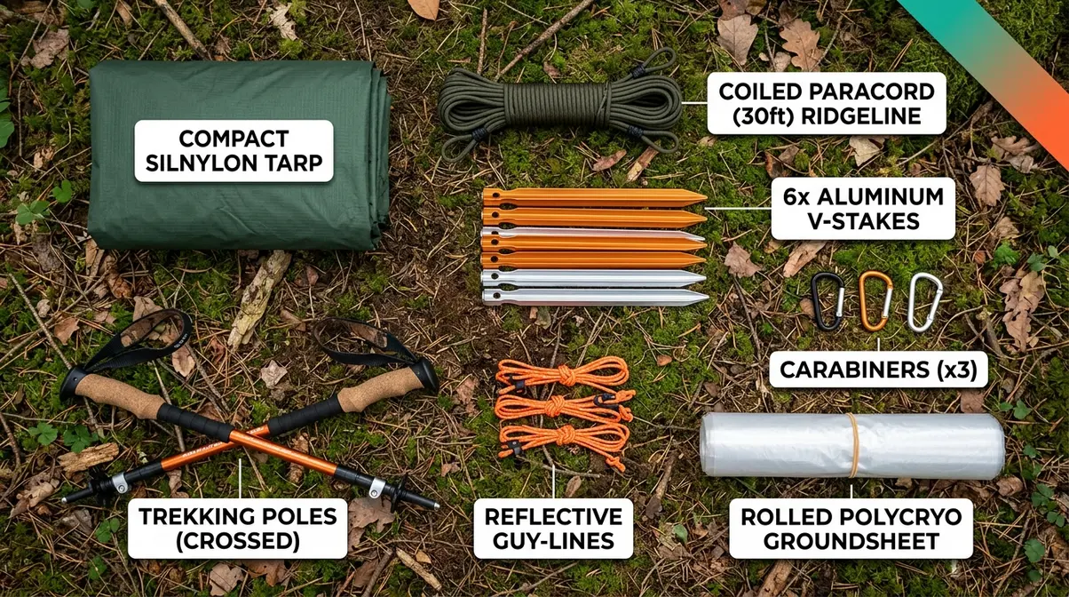 Essential camping tarp setup gear including paracord ridgeline, stakes, guy-lines, and trekking poles laid flat