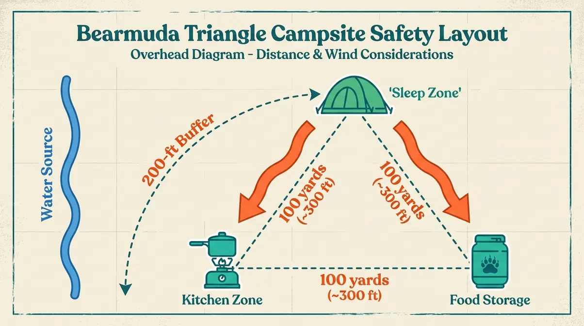 Bearmuda Triangle campsite safety layout diagram with 200-foot rule buffer