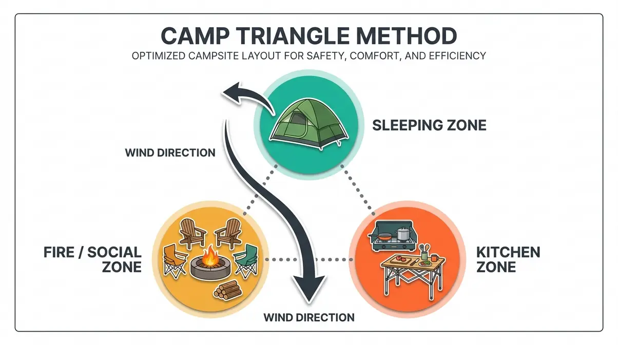 Top-down campsite layout diagram showing the Camp Triangle Method with sleeping, kitchen, and fire zones in a triangle