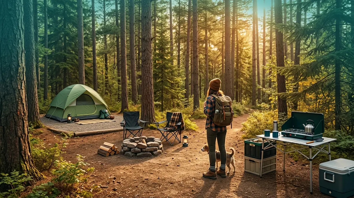 Camper surveying a well-organized campsite layout using the Camp Triangle Method with tent, kitchen, and fire zones