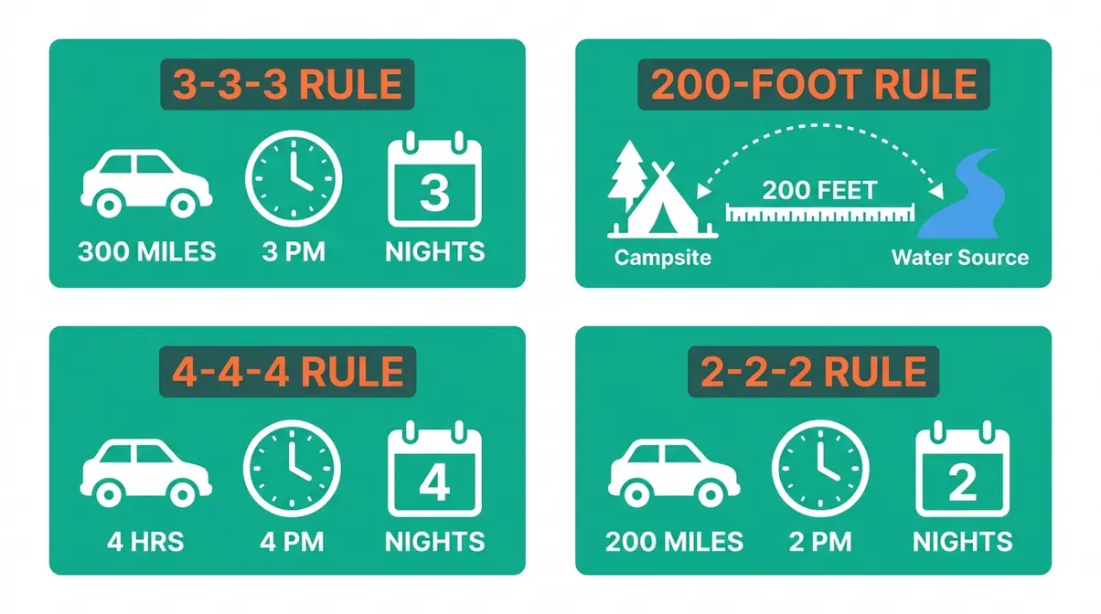 Visual reference cards explaining the 3-3-3 rule, 200-foot rule, 4-4-4 rule, and 2-2-2 rule for camping
