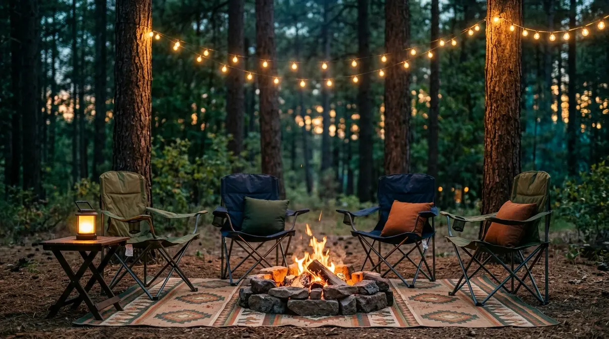 Campsite decoration ideas with string lights fire ring camp chairs and outdoor rug
