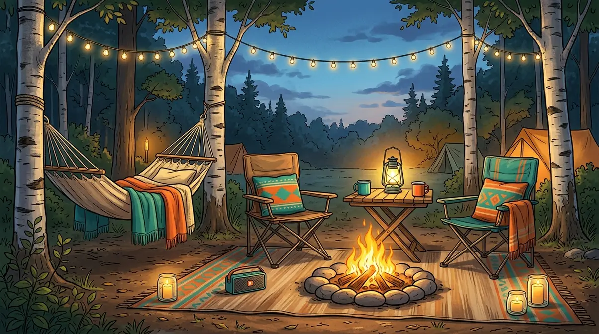 Decorated campsite with string lights, outdoor rug, camp chairs, and lanterns creating a cozy outdoor living space