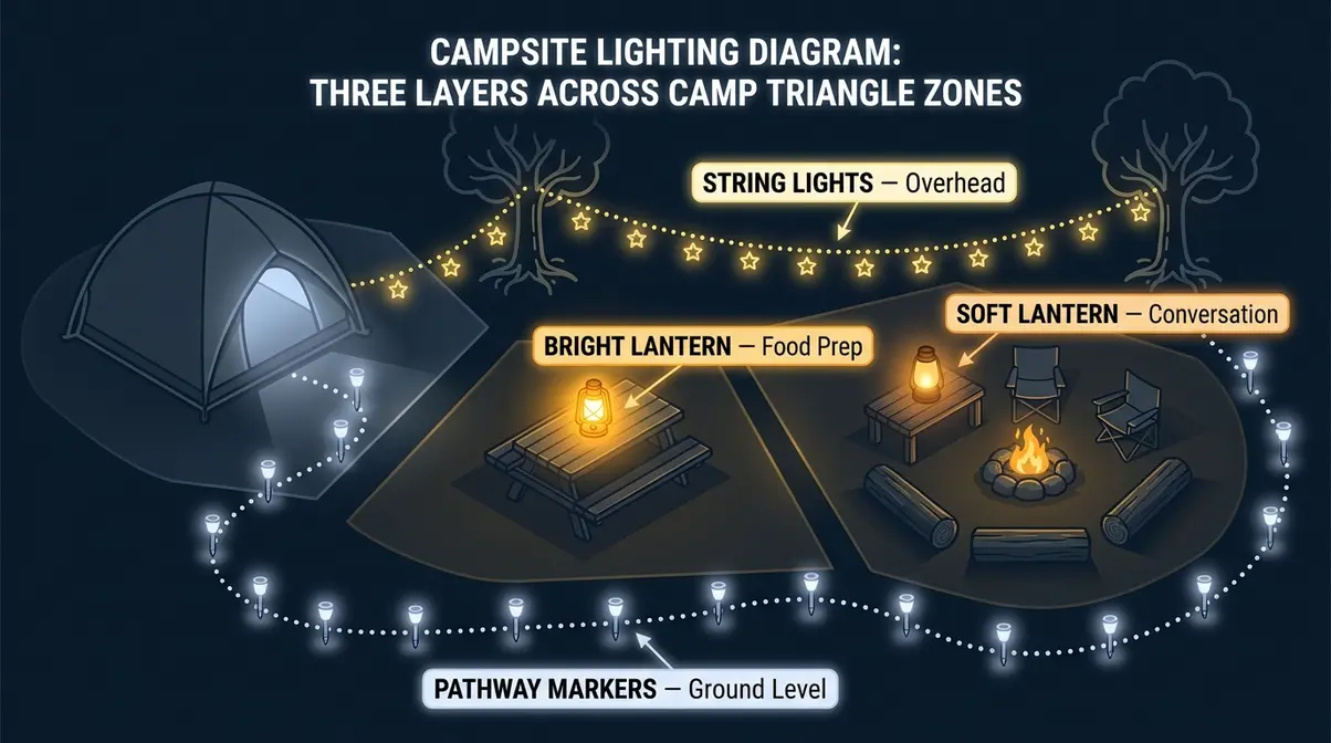 Diagram showing campsite lighting layout with string lights, lanterns, and pathway markers across sleeping, kitchen, and fire zones
