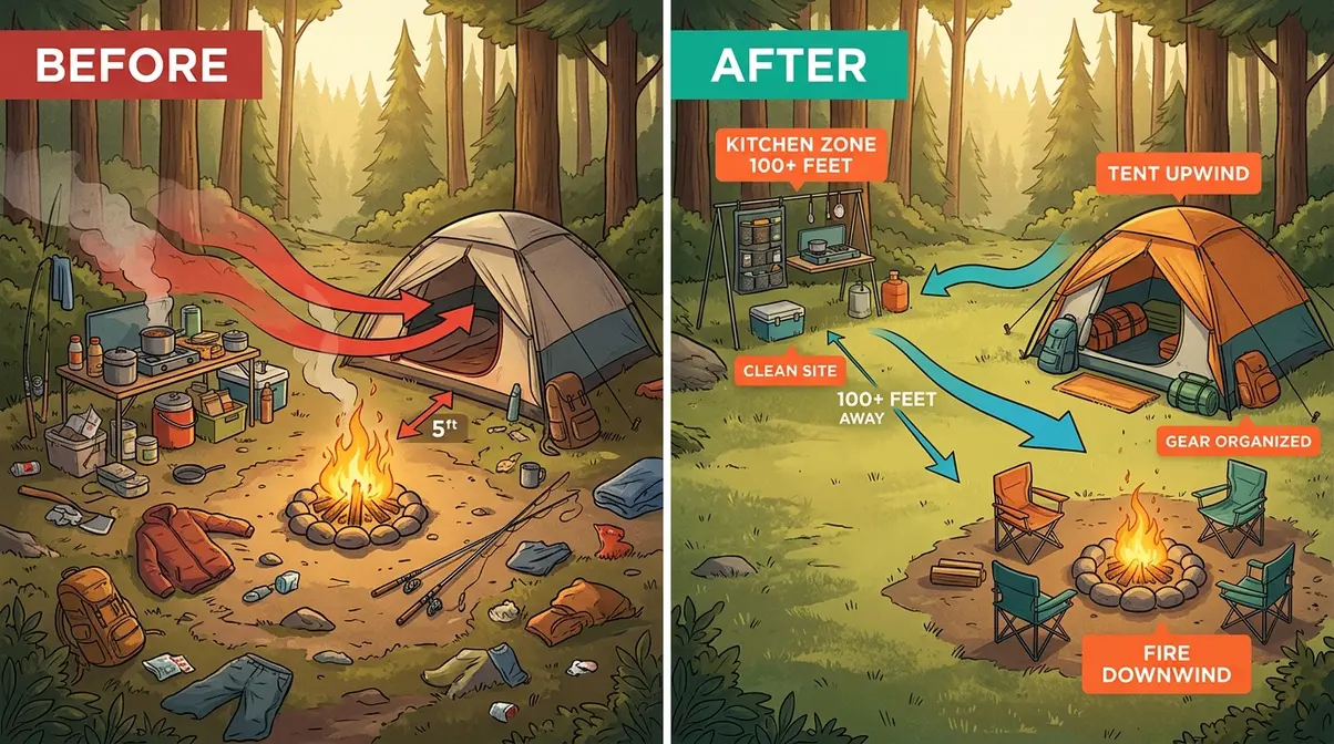Before and after campsite layout comparison showing common setup mistakes fixed using the Camp Triangle Method