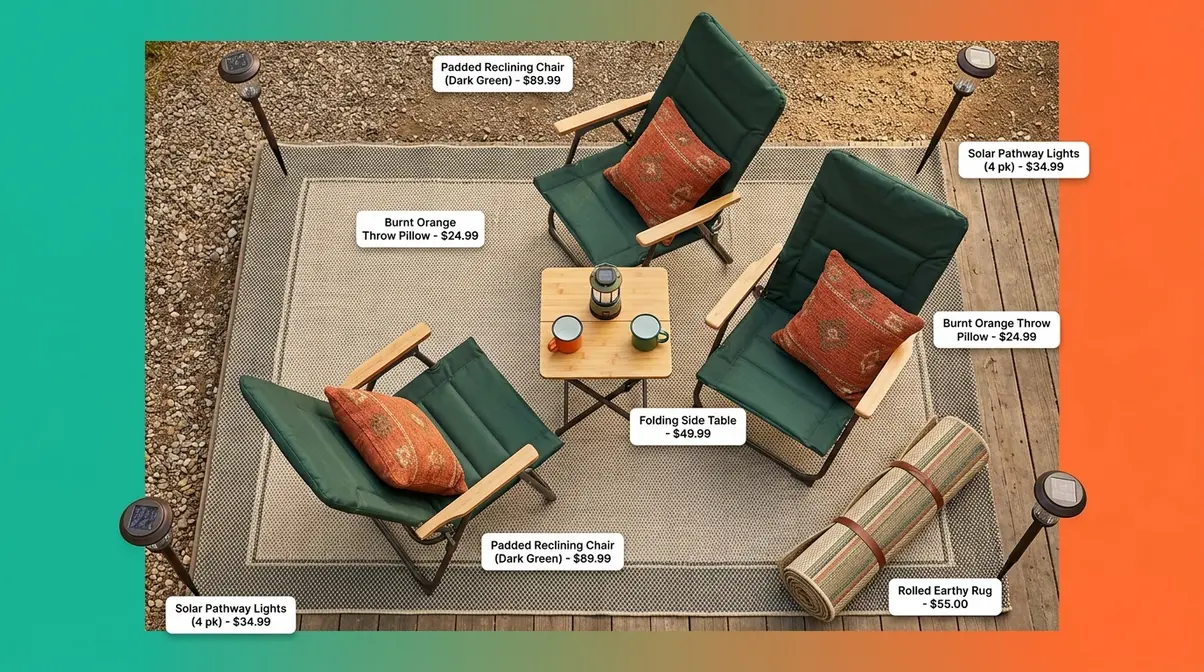 Campsite seating comfort upgrades outdoor rug padded chairs throw pillows and side table