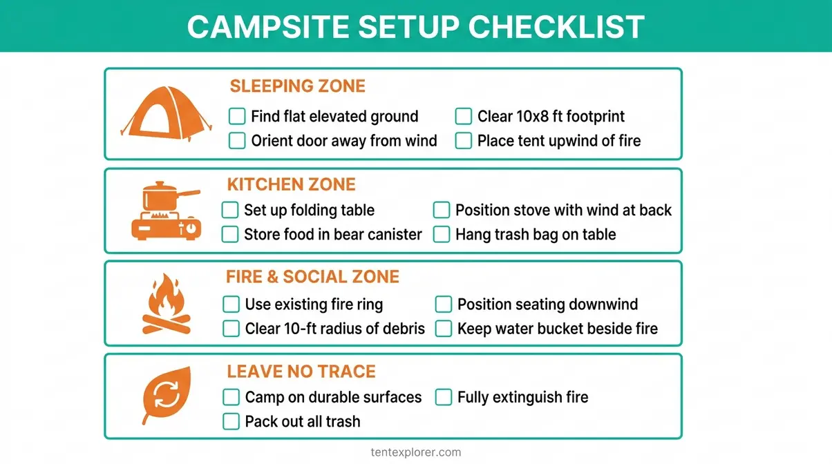 Printable campsite setup checklist covering Camp Triangle Method zones, gear list, and Leave No Trace reminders