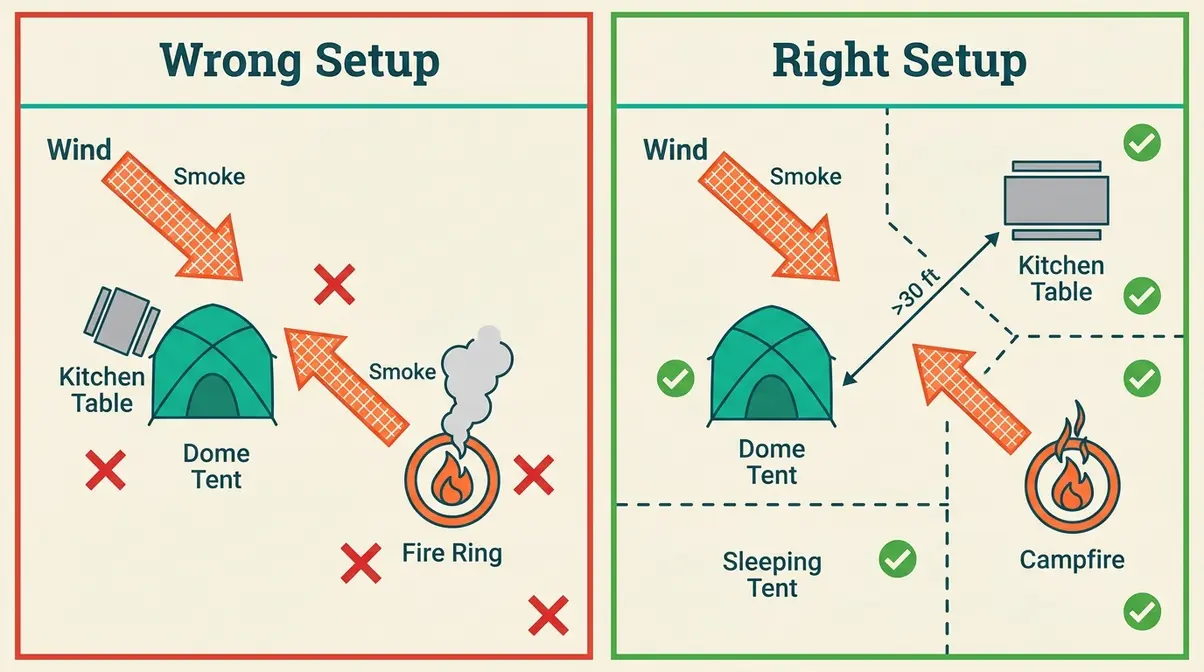 Common campsite setup mistakes comparison diagram wrong versus correct zone layout