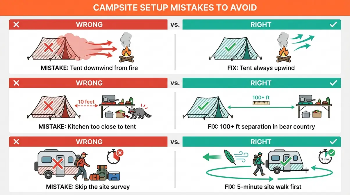 Infographic showing three common campsite layout mistakes and Camp Triangle Method fixes for each
