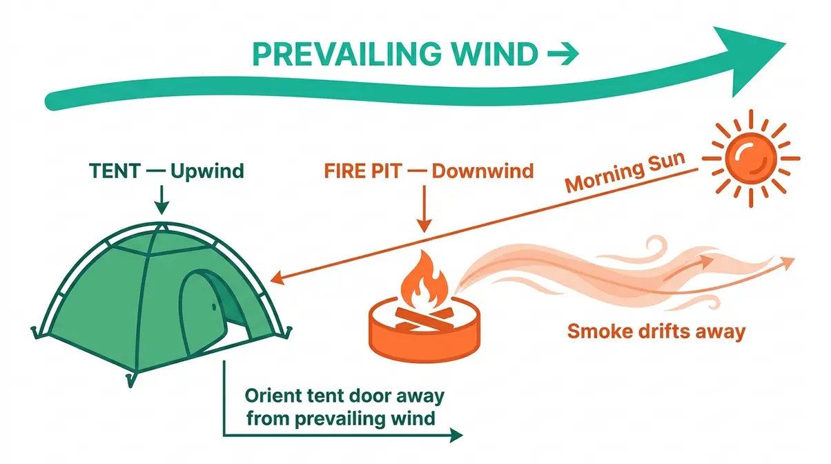 Diagram showing correct tent and fire pit placement relative to wind direction for a safe campsite layout