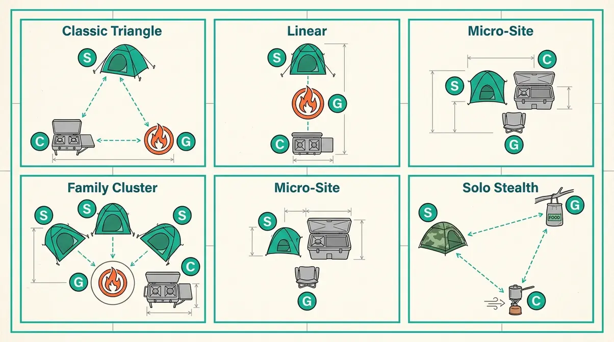 Five tent campsite layout ideas blueprint diagrams classic triangle linear micro-site family solo