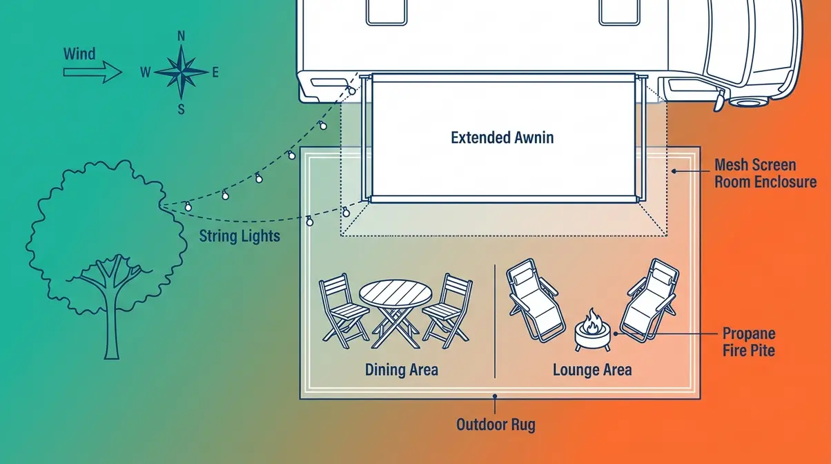 RV patio campsite layout overhead blueprint with awning rug dining and lounge zones