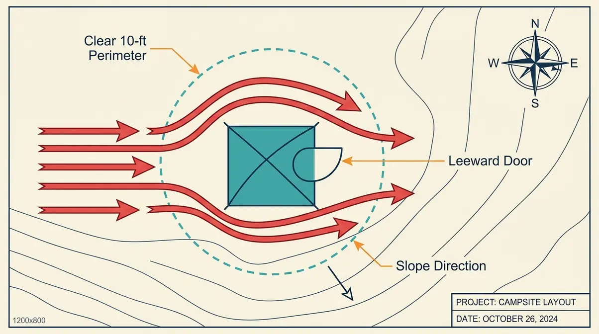 Tent sleep zone placement diagram showing leeward door slope and perimeter
