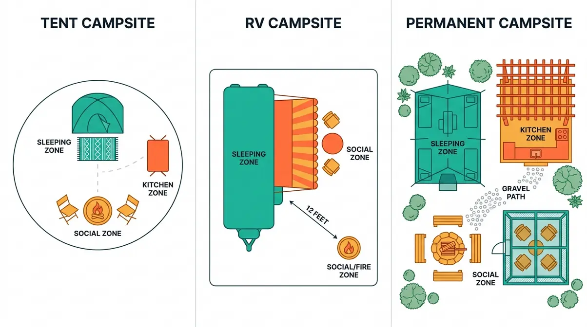 Side-by-side top-down diagrams comparing tent campsite layout, RV campsite layout, and permanent campsite layout ideas