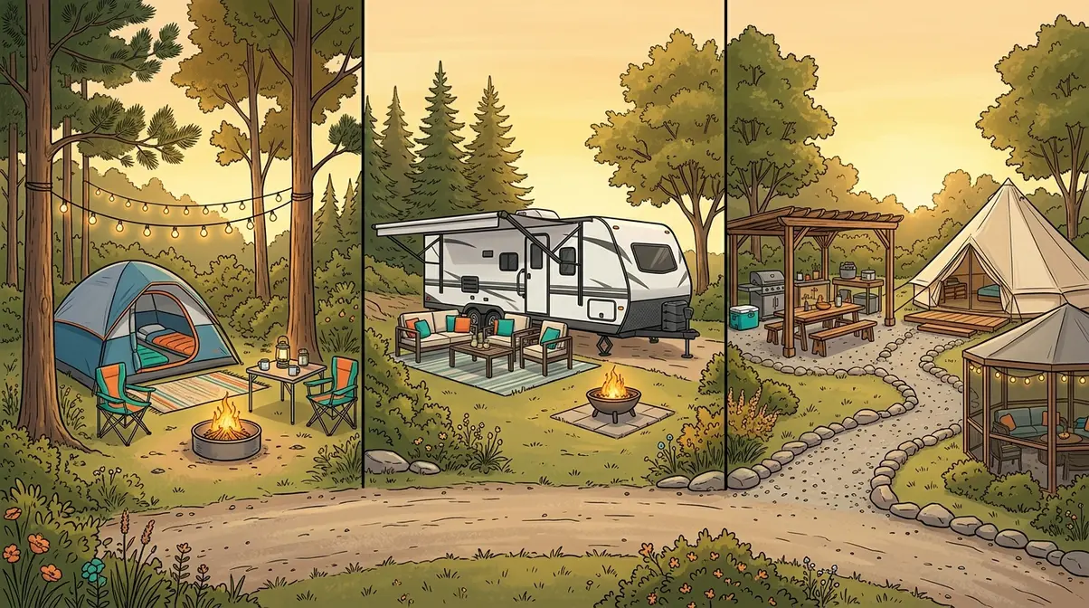 Three campsite layout ideas shown side by side — tent, RV, and permanent seasonal campsite setups