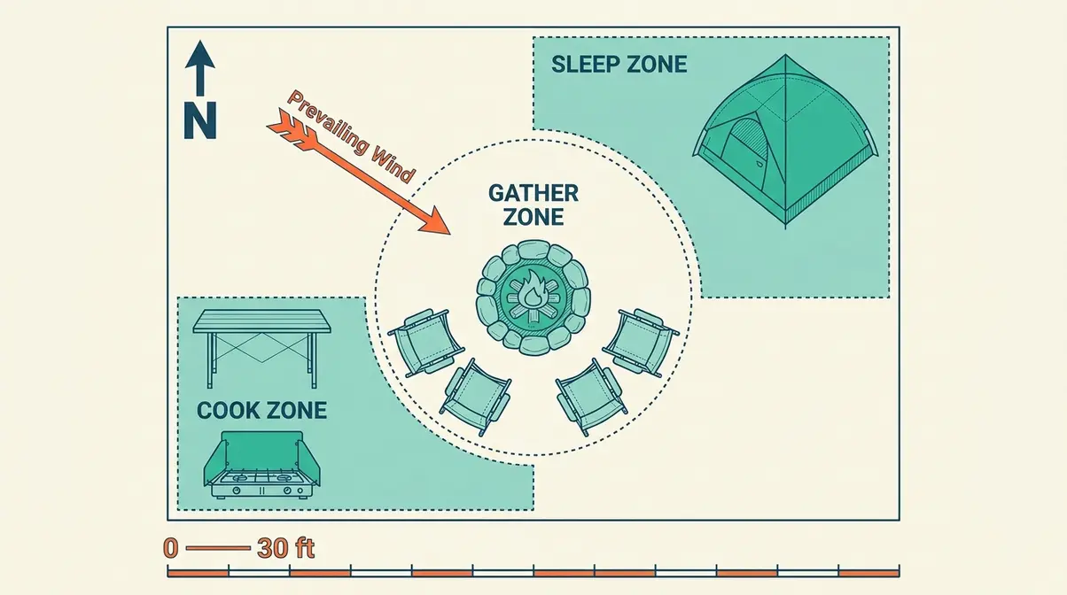 Campsite layout ideas three-zone blueprint overhead diagram with wind and north arrow