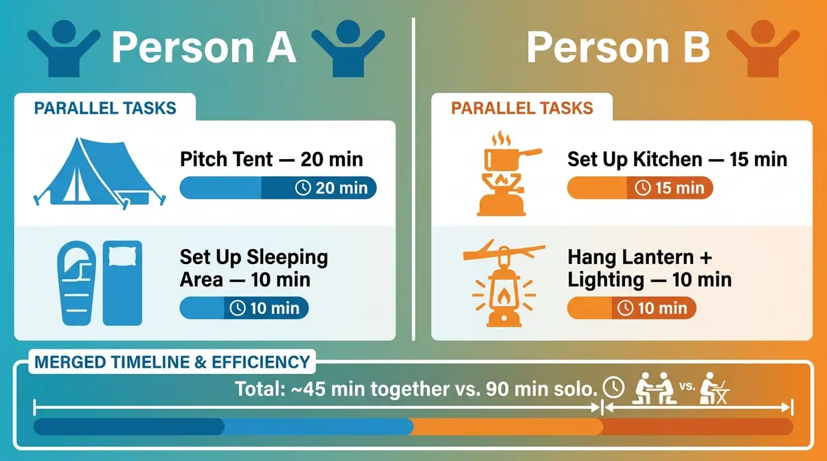 Campsite setup time-saving parallel task assignment infographic for two-person camping teams