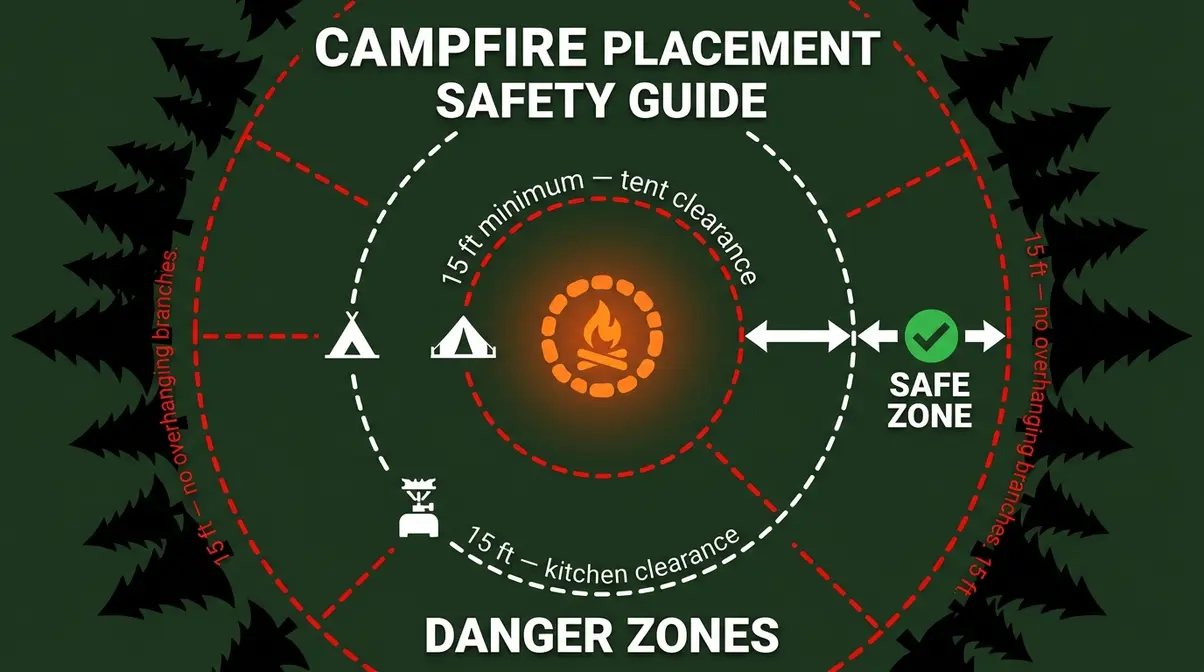 Campfire safety distance diagram showing 15-foot clearance zones for tent, kitchen, and tree line