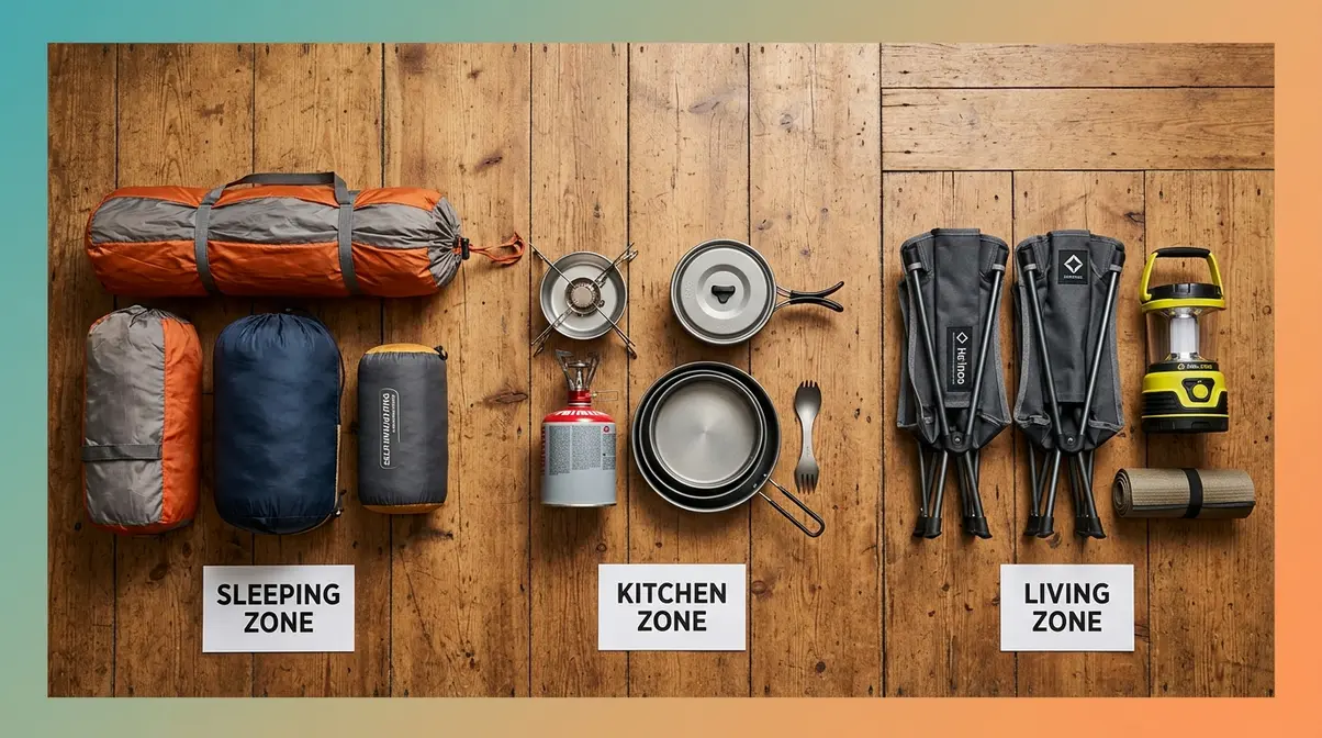 Camping gear organized into three pre-packed zone groups before departure for campsite setup