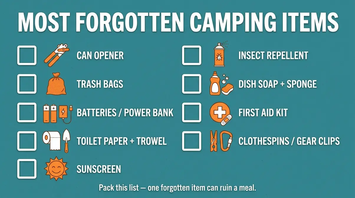 Most forgotten camping items checklist visual showing nine essential items for trip preparation