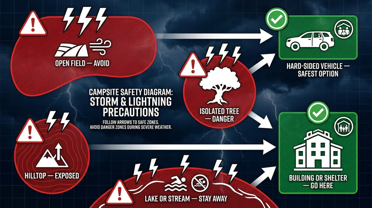 Lightning safety campsite diagram showing safe zones and danger zones for campers during storms