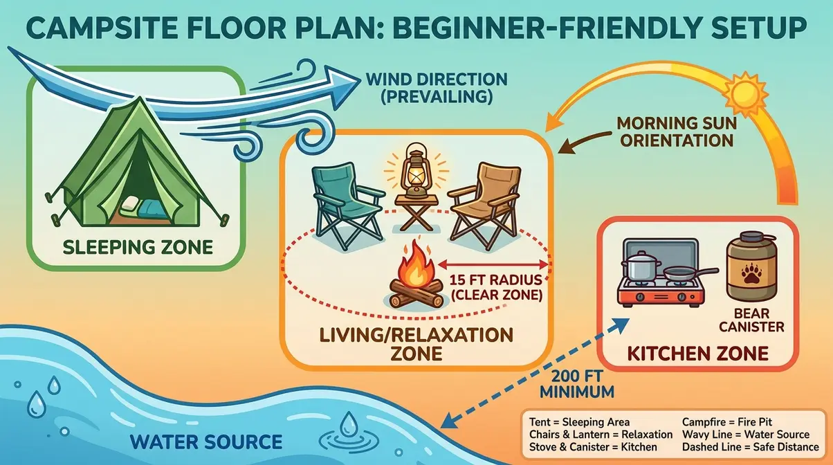 Perfect campsite setup layout diagram showing zone placement for beginners with wind and water markers