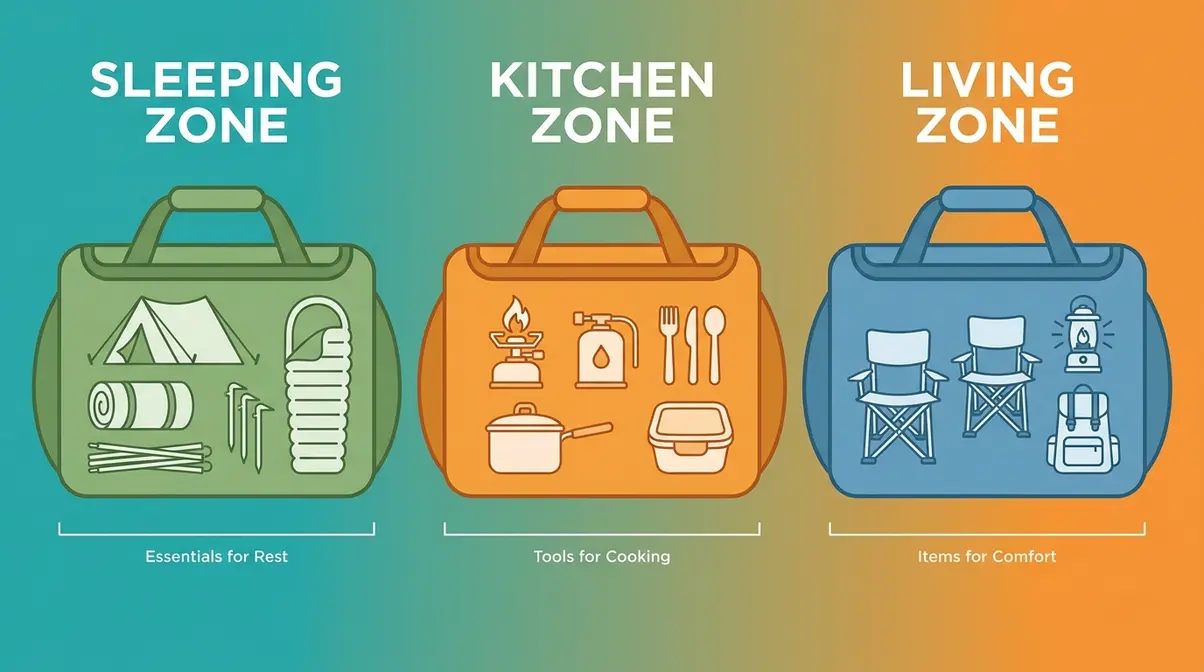 Campsite setup tips zone packing diagram showing three labeled gear bags for beginners